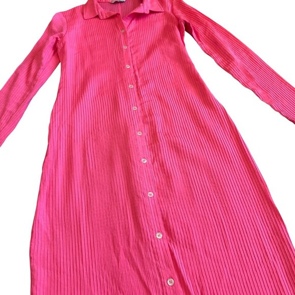 Amanda Uprichard Bright Pink Button-Down Dress Ribbed Long Sleeve Size Medium - Picture 11 of 12